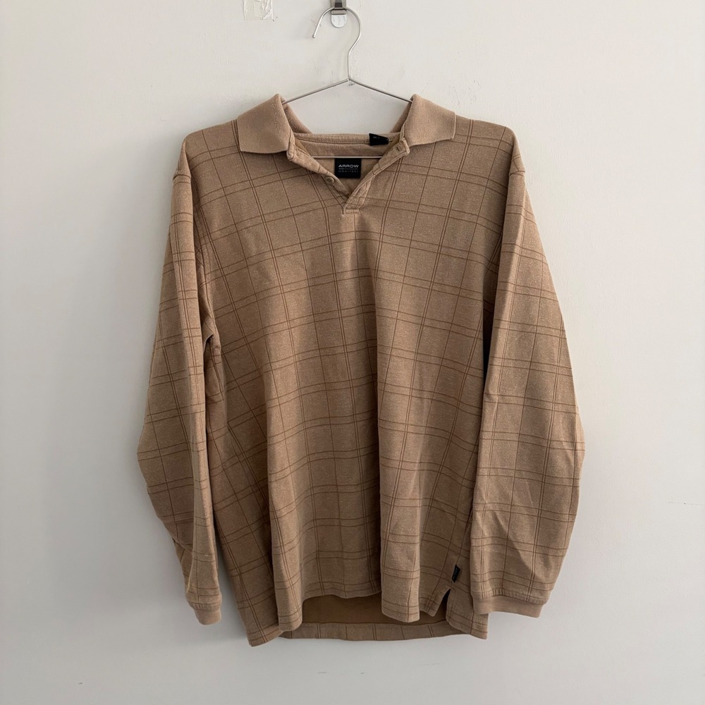 Arrow USA 1851 Mens Brown Grid Long Sleeve Polo Shirt Medium